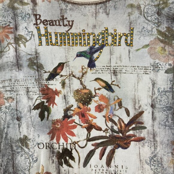 Studio Gem Q. Large Hummingbird Stretch Knit Crew Neck 3/4 Sleeve Artsy Boho Top - Picture 7 of 10